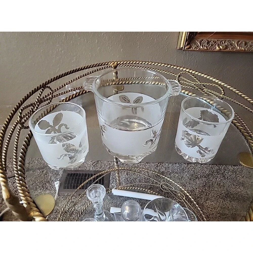 Ice Bucket Frosted & Glasses - Set Of 2 Italy 1960's 1970's Vtg